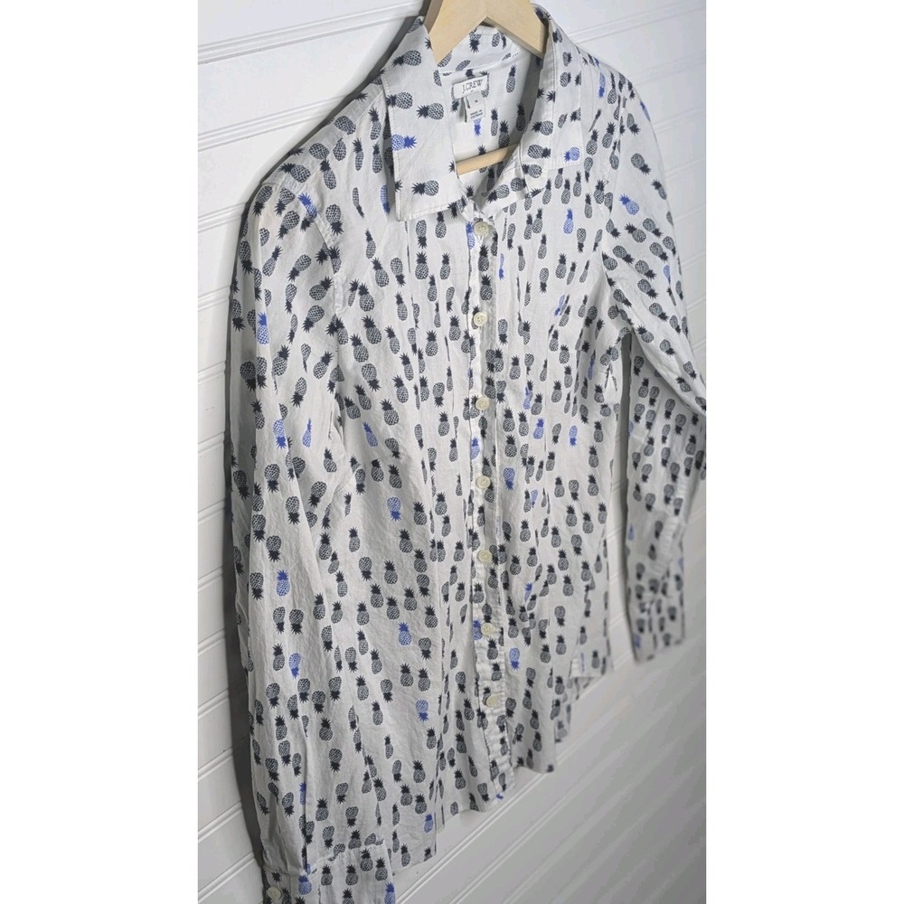 J Crew Women's Button Up Blouse Medium White Pineapples Long Sleeve 100% Cotton
